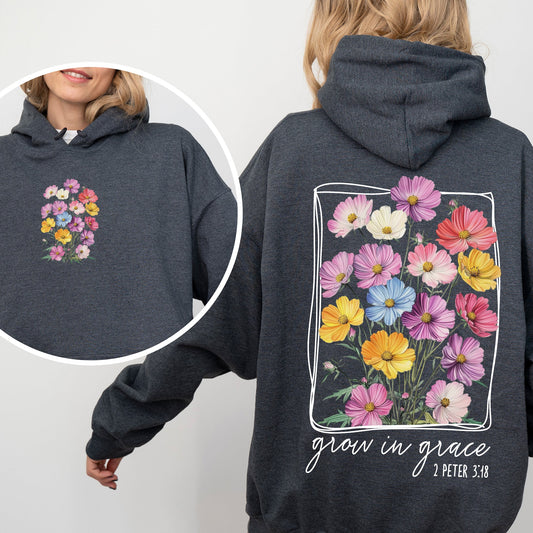 Grow In Grace, Flowers, Front and Back, Christian, Faith, Gospel, Religious, Jesus Hoodie, Hooded Sweatshirt