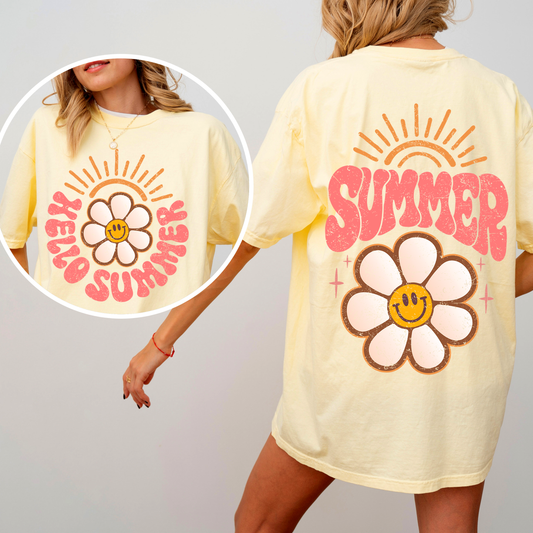 Hello Summer, Smiley Daisy, Beach, Fun, Front and Back, Comfort Colors T-Shirt
