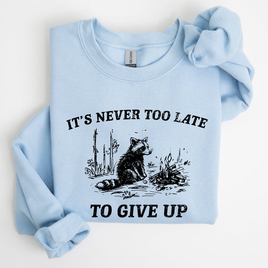 It's Never Too Late To Give Up, Raccoon, Meme, Aesthetic, Funny Sweatshirt