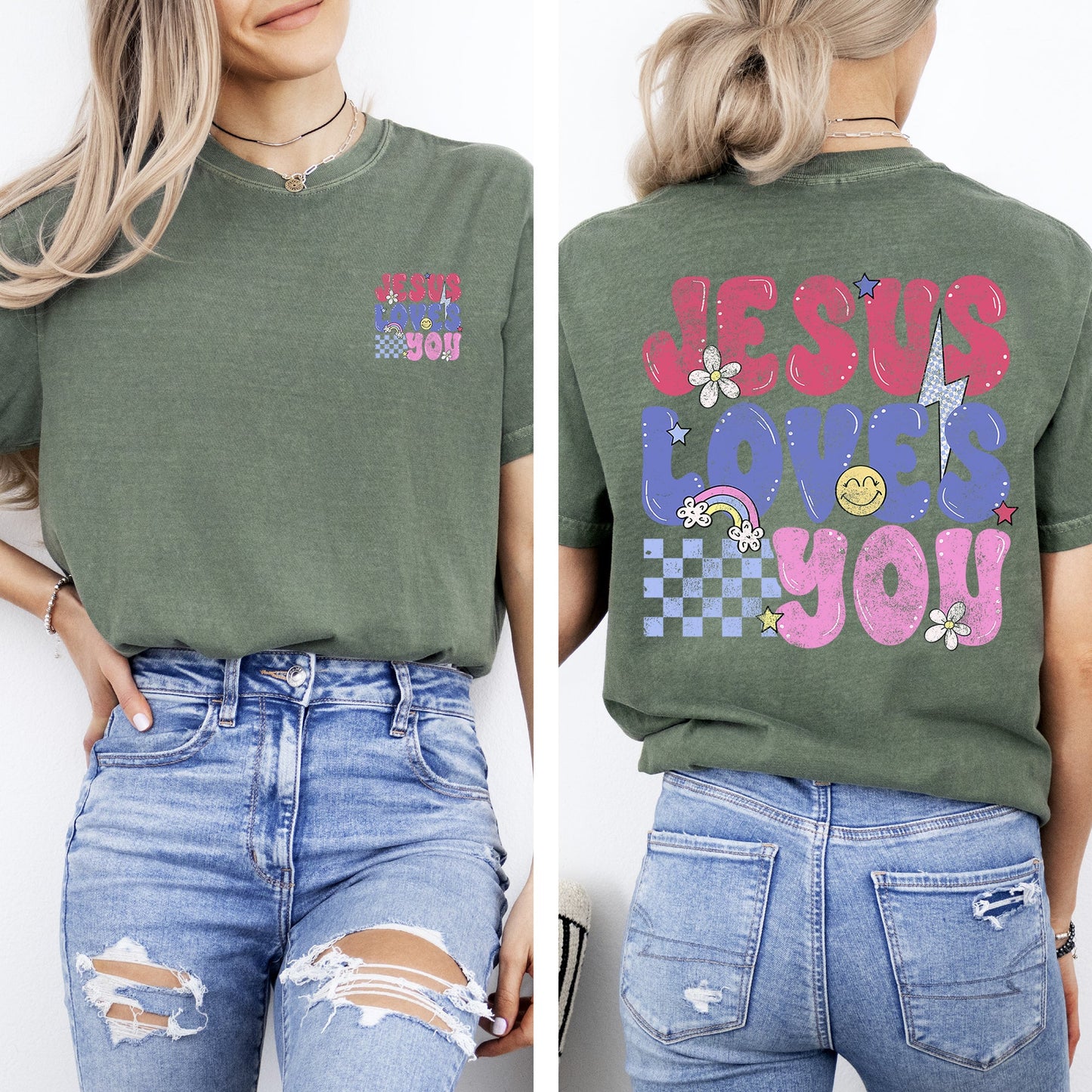 Jesus Loves You, Colorful, Positivity, Faith, Gospel, Bible, Love, Front and Back, Comfort Colors T-Shirt