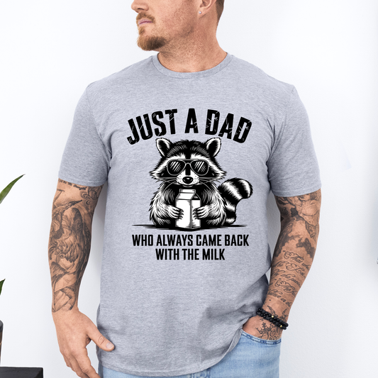 Just A Dad Who Always Came Back With The Milk, Retro, Raccoon, Dad, Father's Day, Boyfriend, Husband, Brother, Guy Gift, Soft Style T-Shirt