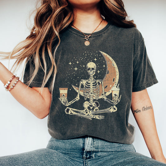 Skeleton Yoga, Coffee, Moon, Retro, Aesthetic, Vintage, Comfort Colors Tshirt