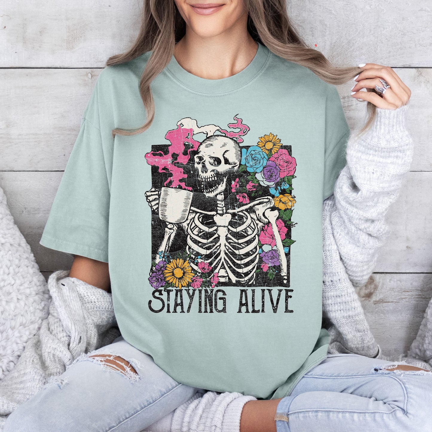 Staying Alive Floral Skeleton, Mom, Retro, Aesthetic, Vintage, Comfort Colors Tshirt