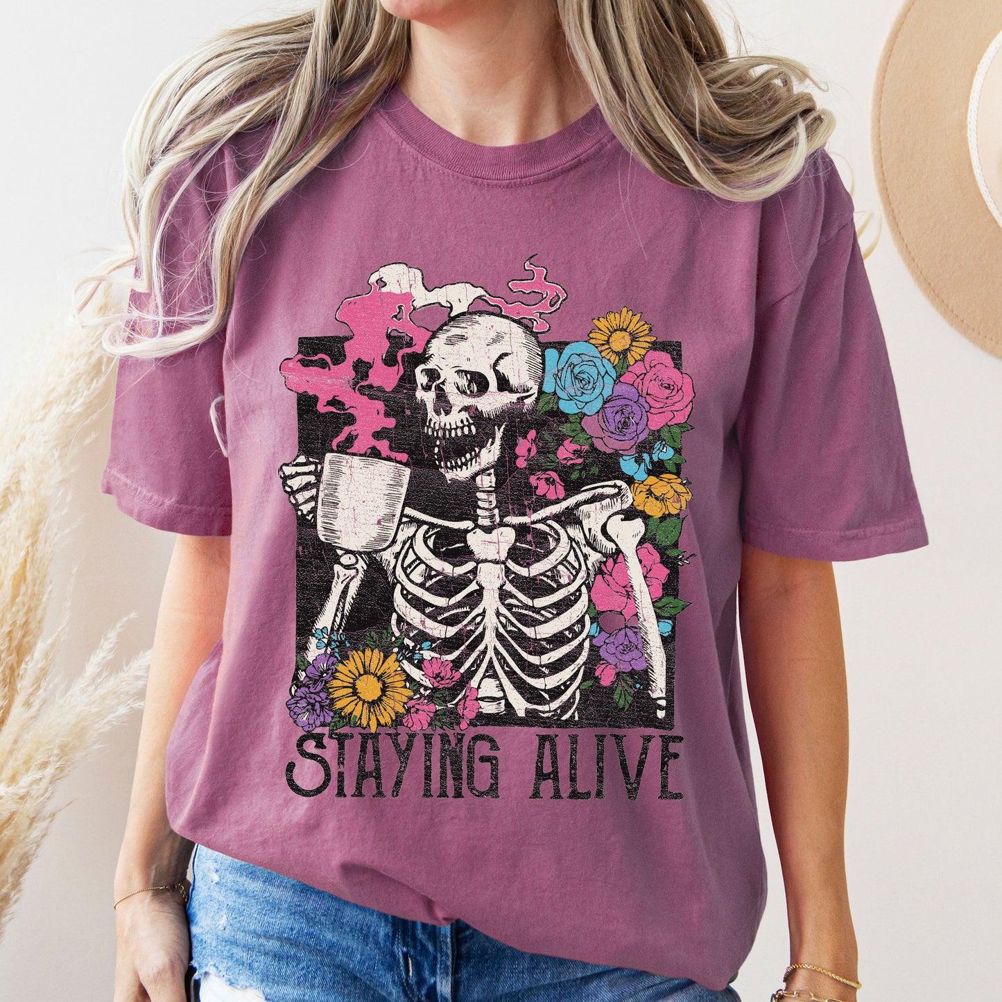 Staying Alive Floral Skeleton, Mom, Retro, Aesthetic, Vintage, Comfort Colors Tshirt