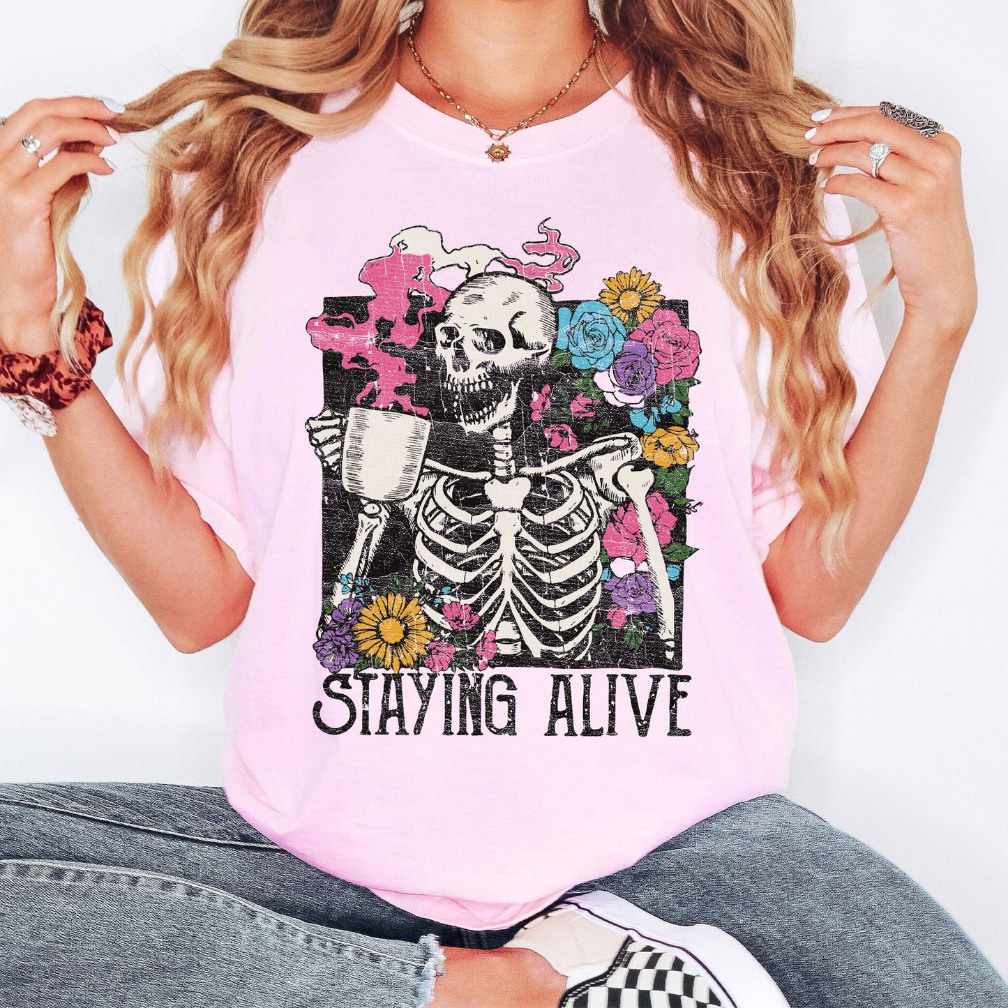 Staying Alive Floral Skeleton, Mom, Retro, Aesthetic, Vintage, Comfort Colors Tshirt
