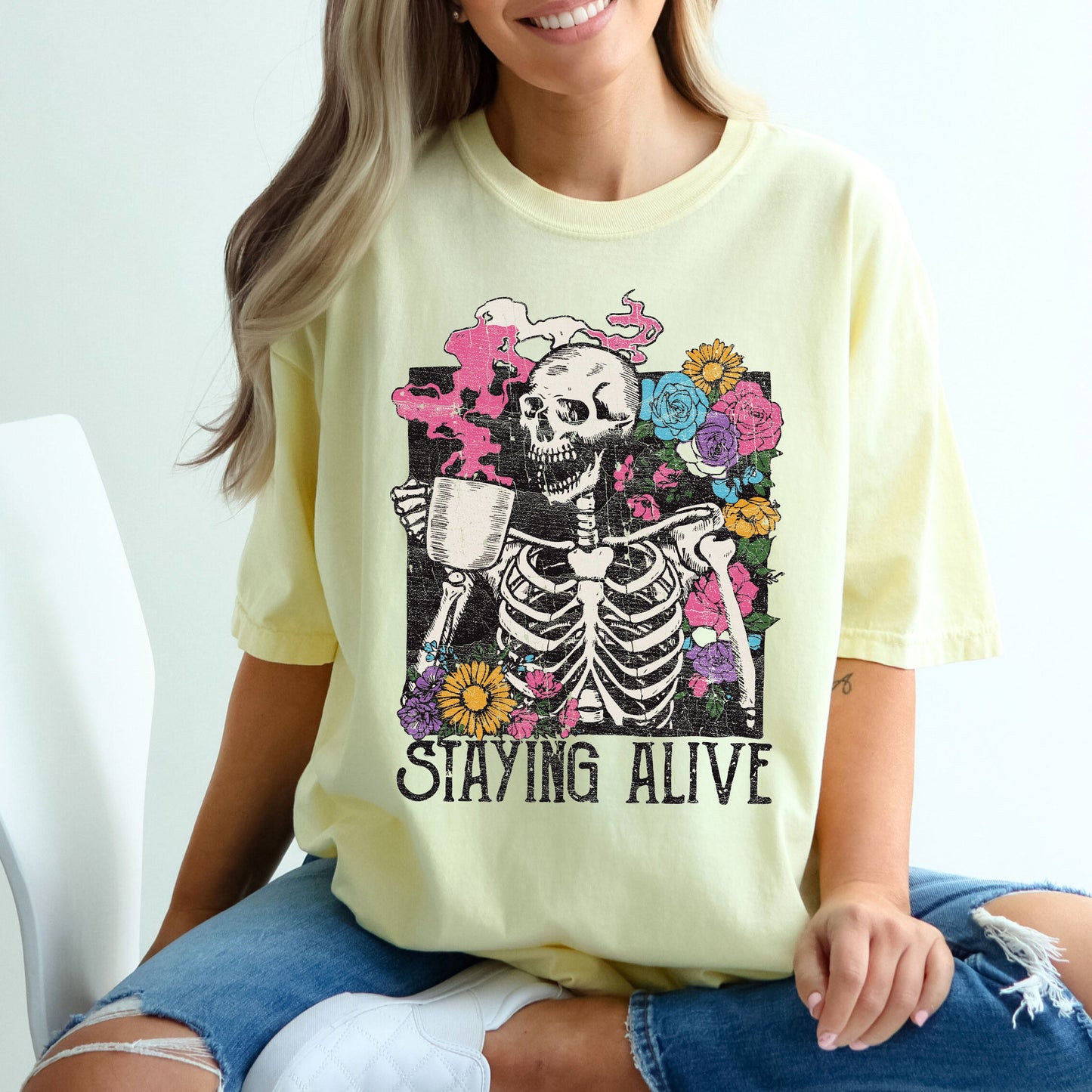 Staying Alive Floral Skeleton, Mom, Retro, Aesthetic, Vintage, Comfort Colors Tshirt