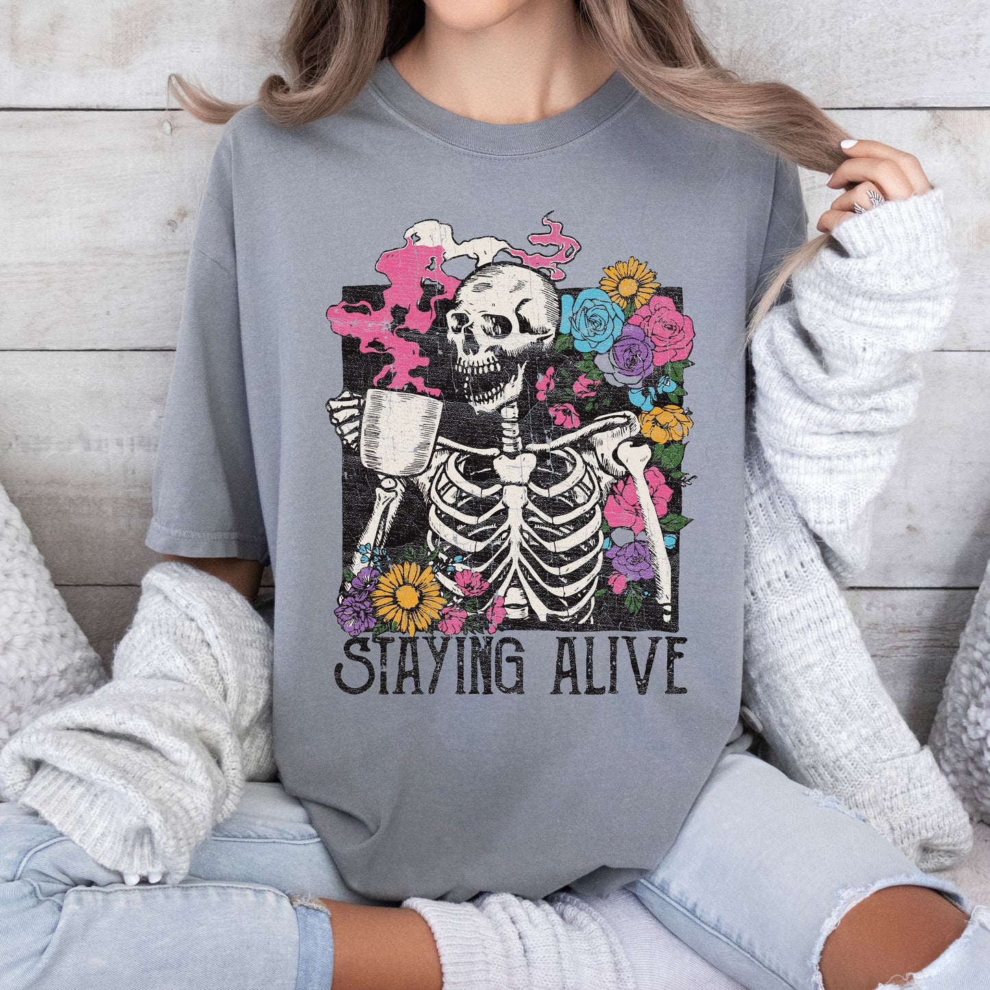 Staying Alive Floral Skeleton, Mom, Retro, Aesthetic, Vintage, Comfort Colors Tshirt