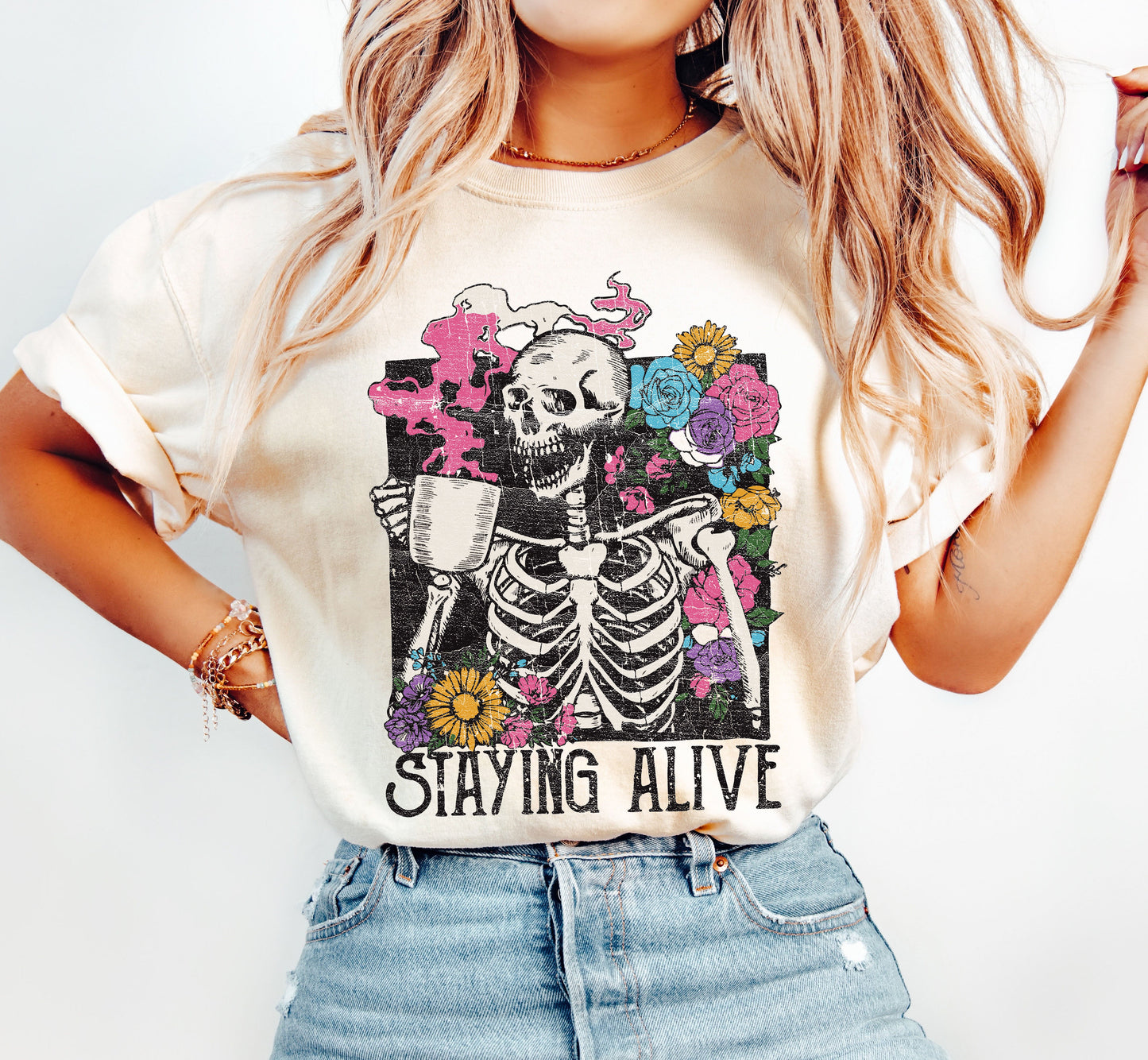 Staying Alive Floral Skeleton, Mom, Retro, Aesthetic, Vintage, Comfort Colors Tshirt