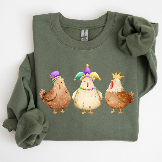 Mardi Gras Chickens, Farm, Carnival, Fleur de Lis, Fat Tuesday, Parade Sweatshirt