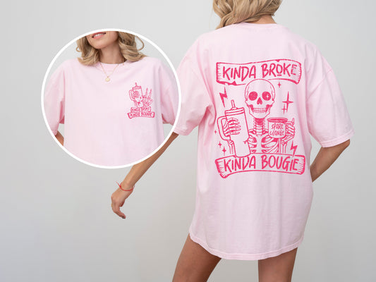 Kinda Broke, Kinda Bougie, Pink Skeleton, Drinking, Water Container, Sassy, Funny, Tshirt Comfort Colors T-Shirt