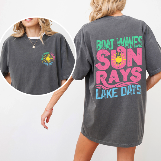 Lake Bum, Sun Rays, Lake Days, Front and Back, Boat, Summer , Comfort Colors T-Shirt
