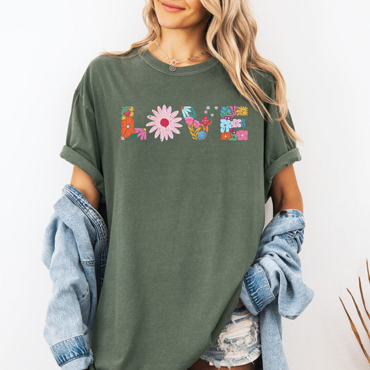 Love, Retro, Distressed, Flowers, Floral, Comfort Colors T-Shirt