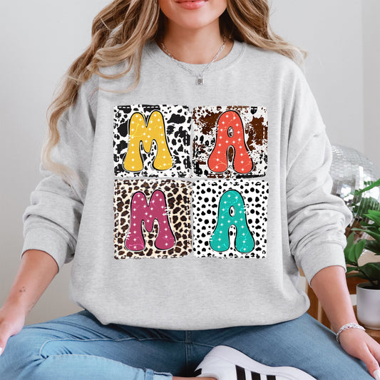 Mama, Animal Print, Leopard, Cow, Dalmatian, Retro, Mother's Day Sweatshirt