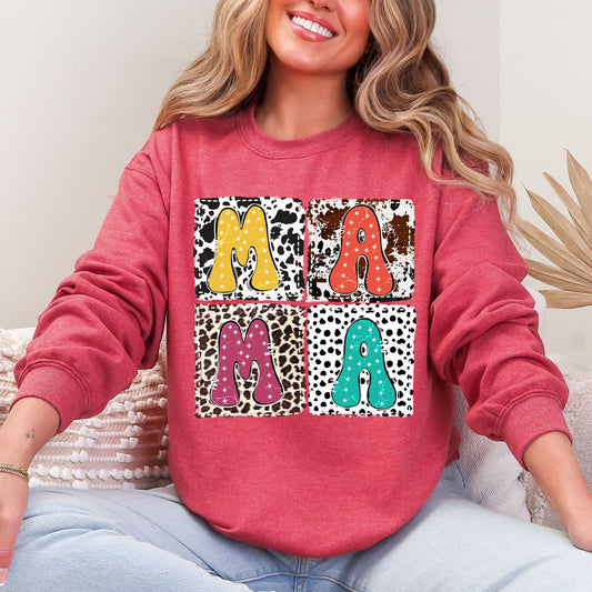 Mama, Animal Print, Leopard, Cow, Dalmatian, Retro, Mother's Day Sweatshirt