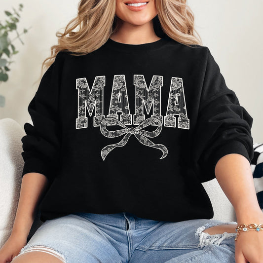 Mama, Bow, Ribbon, Faux Lace, Coquette, Varsity, Mother's Day Sweatshirt