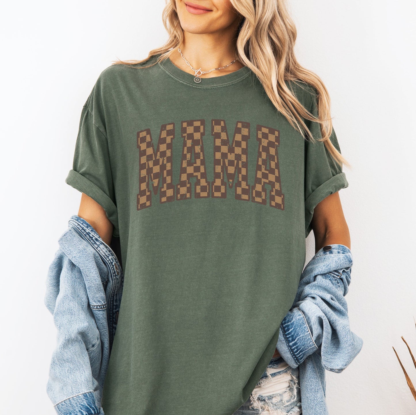 Mama, Brown Checkered, Retro, Varsity, Mother's Day Tshirt Comfort Colors T-Shirt