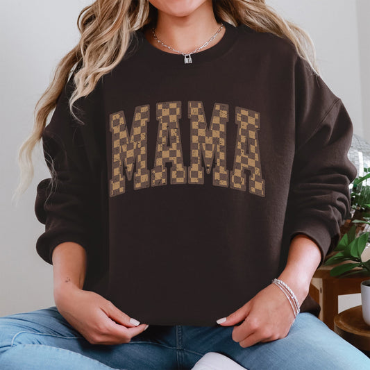 Mama, Brown Checkered, Retro, Varsity, Mother's Day Sweatshirt
