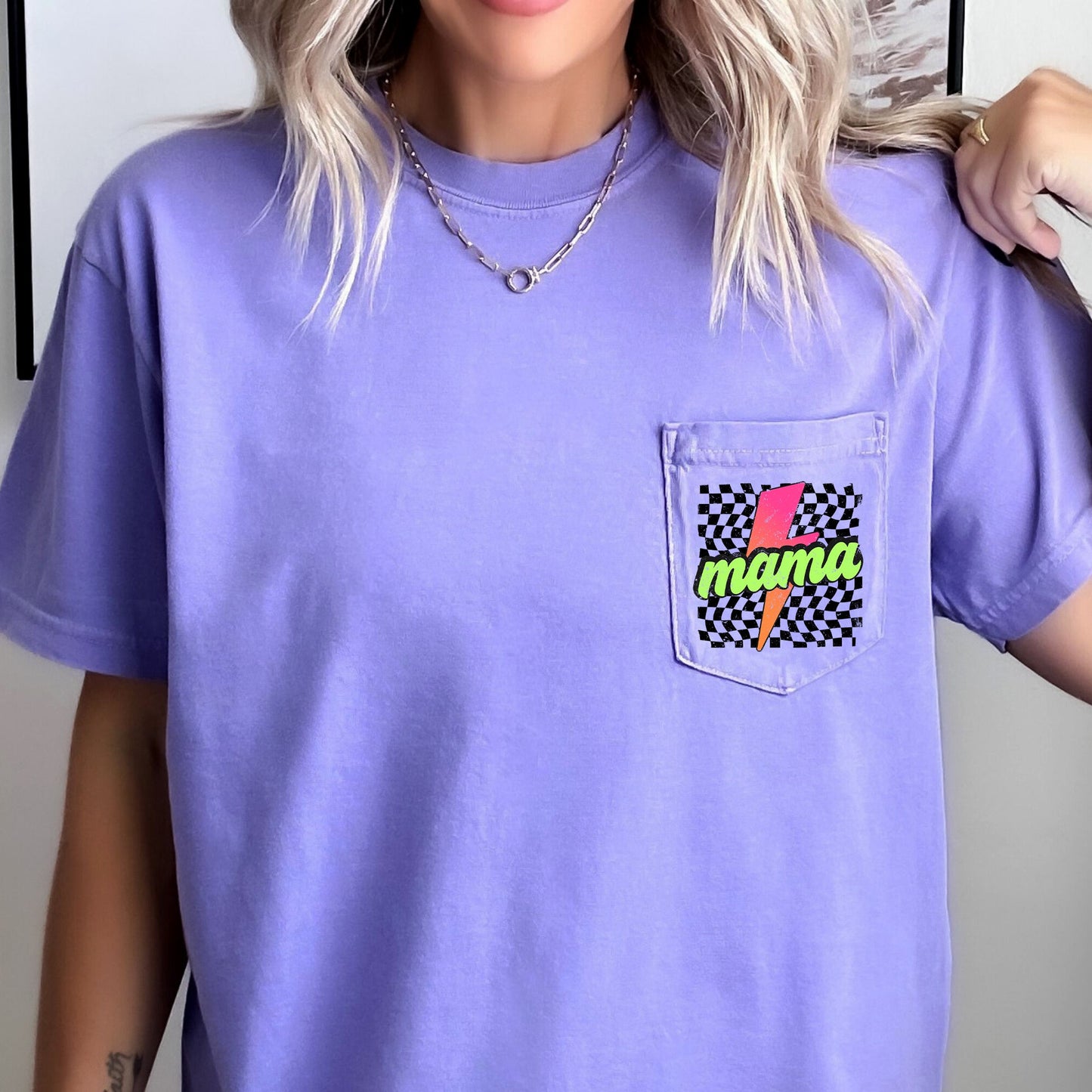 Mama, Checkered, Lightening Bolt, Colorful, Pocket Tee Comfort Colors T-Shirt