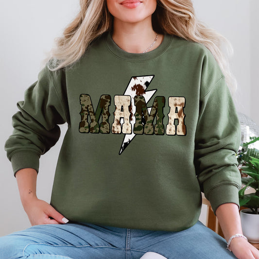 Mama, Cow Print, Checkered, Lightning Bolt, Retro, Mother's Day Sweatshirt