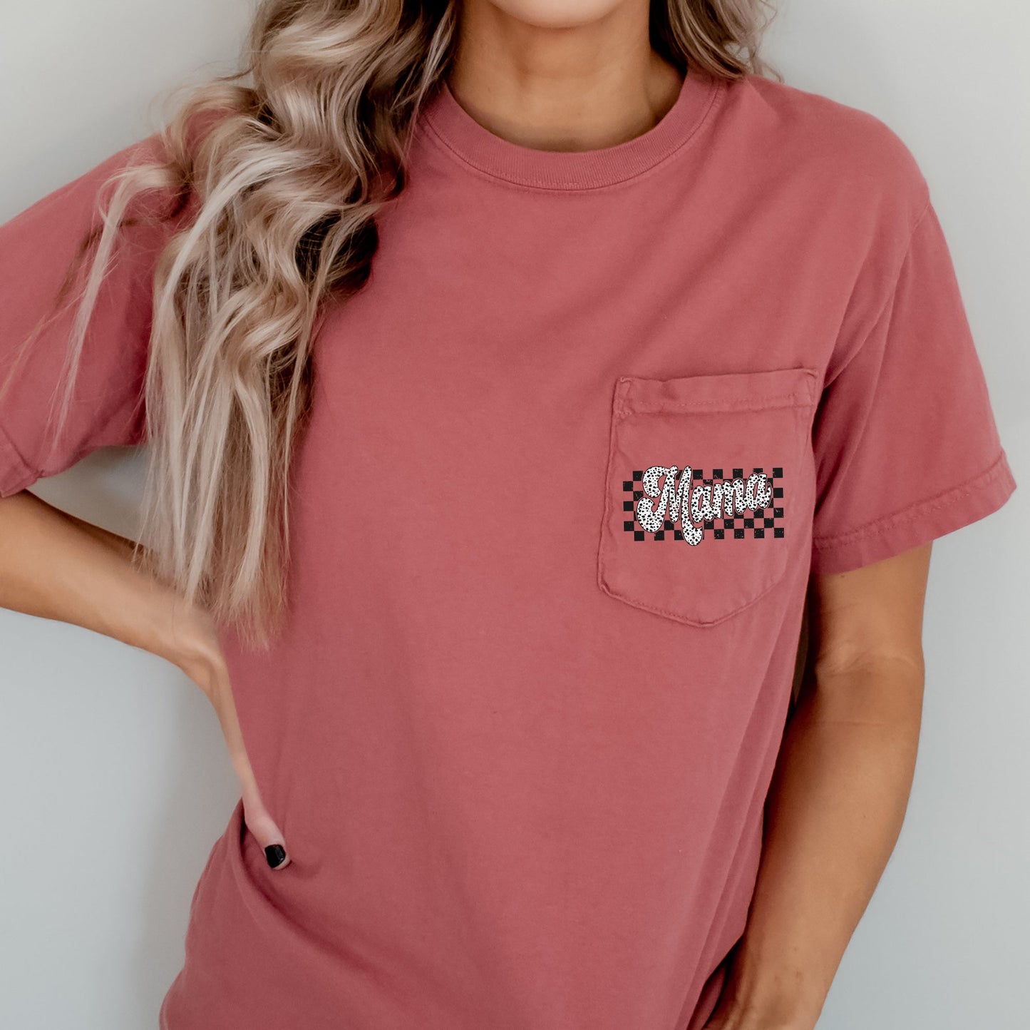 Mama, Dalmatian, Checkered, Pocket Tee Comfort Colors T-Shirt