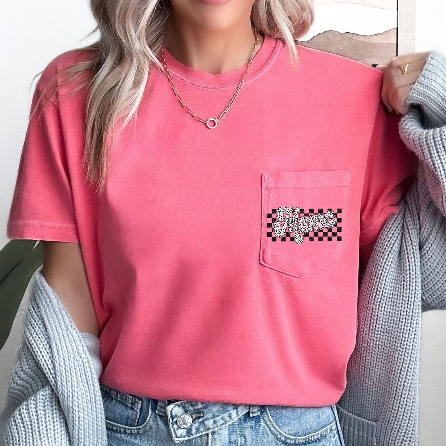 Mama, Dalmatian, Checkered, Pocket Tee Comfort Colors T-Shirt