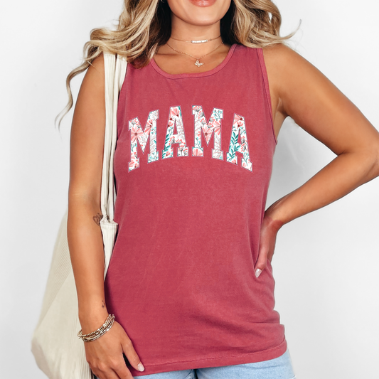 Mama, Pink Flowers, Varsity, Floral Comfort Colors Tank Top