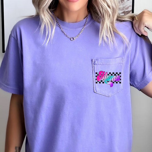 Mama, Retro Checkered, Lightening Bolt, Colorful Ombre, Pocket Tee Comfort Colors T-Shirt