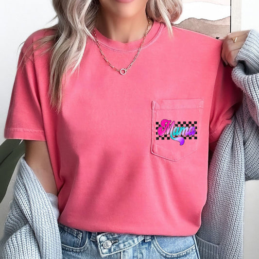 Mama, Retro Checkered, Lightening Bolt, Colorful Ombre, Pocket Tee Comfort Colors T-Shirt