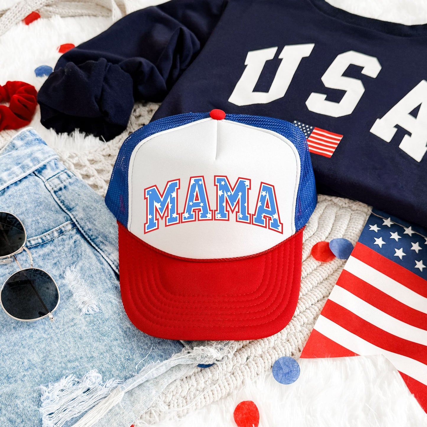 Mama, Stars, Patriotic, Snapback Trucker Hat