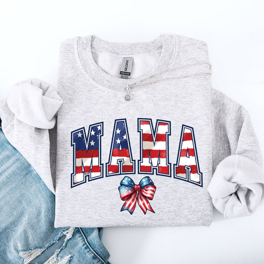 Mama, USA Flag, Patriotic, Varsity, Bow, Ribbon, America, 4th of July Sweatshirt