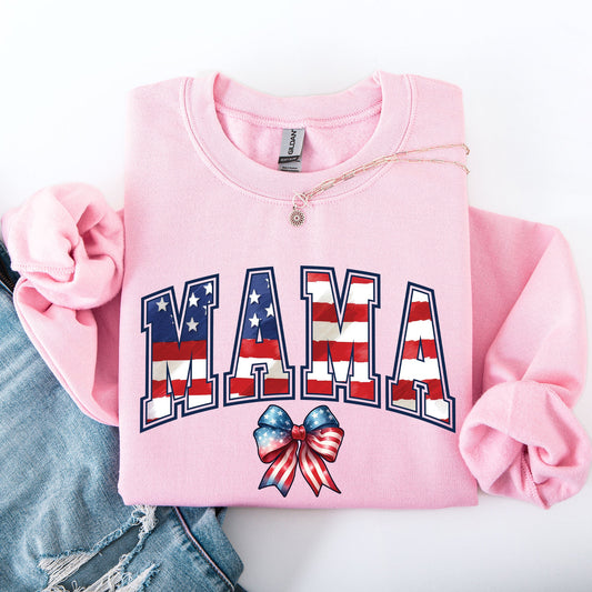 Mama, USA Flag, Patriotic, Varsity, Bow, Ribbon, America, 4th of July Sweatshirt