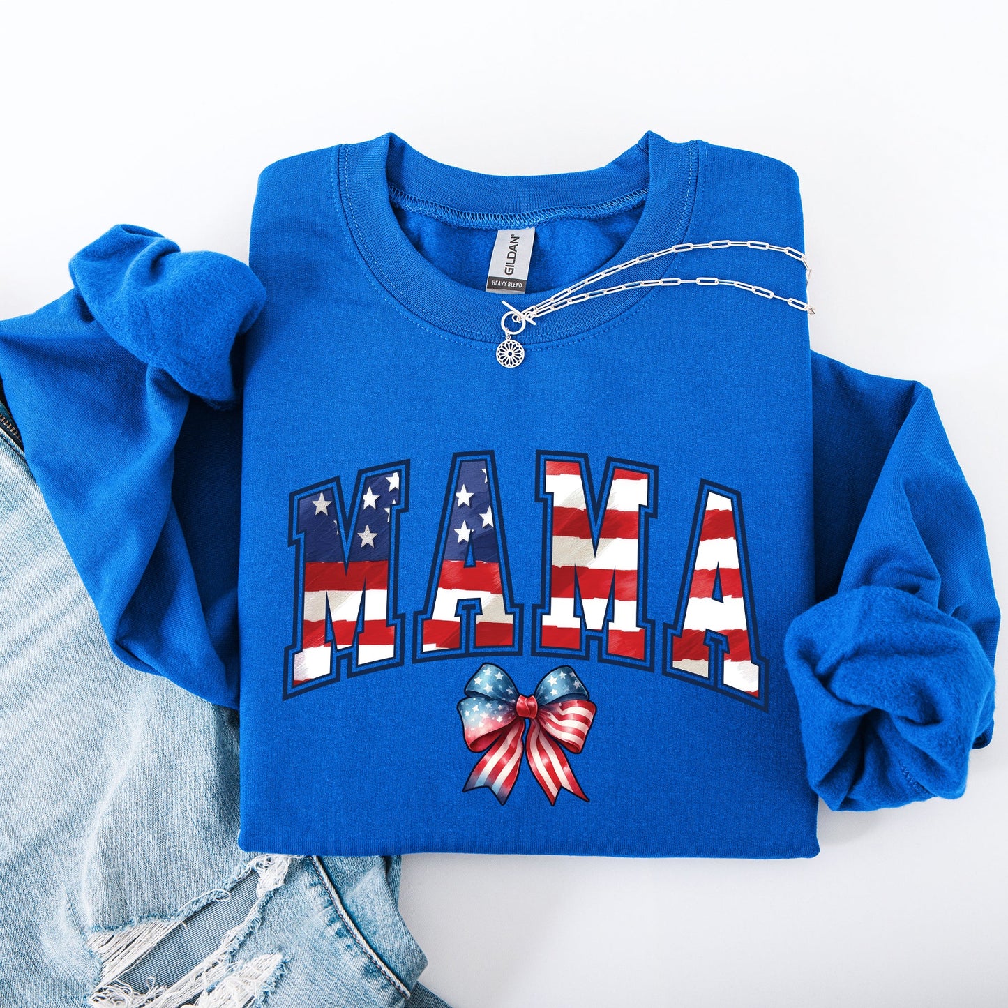 Mama, USA Flag, Patriotic, Varsity, Bow, Ribbon, America, 4th of July Sweatshirt