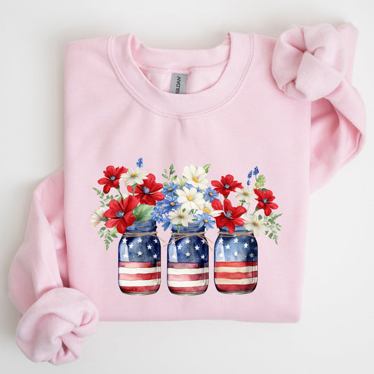 Mason Jars with Flowers, Patriotic, 4th of July Sweatshirt