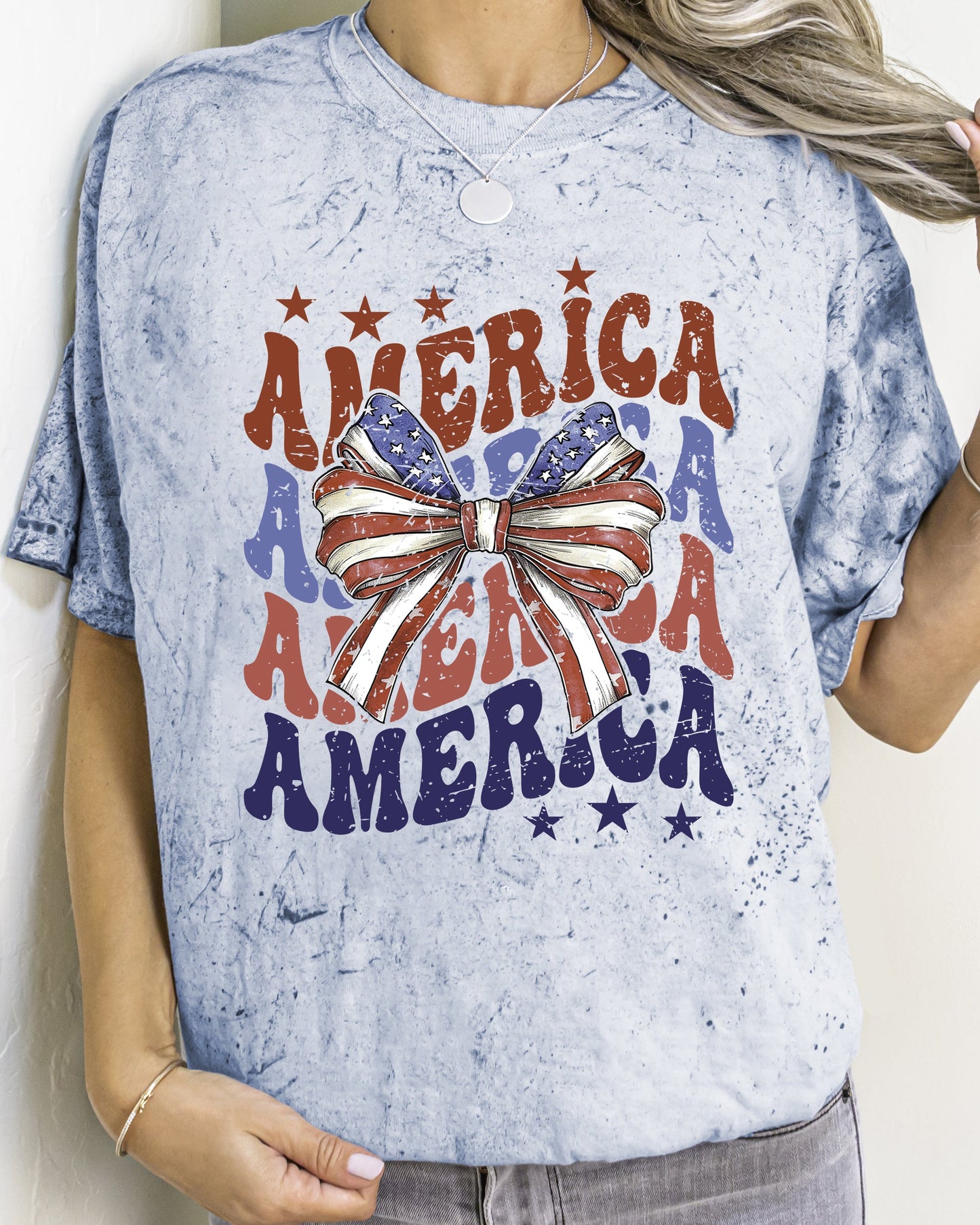 America, Patriotic Bow, Retro, USA, 4th Of July, Color Blast, Comfort Colors Tshirt