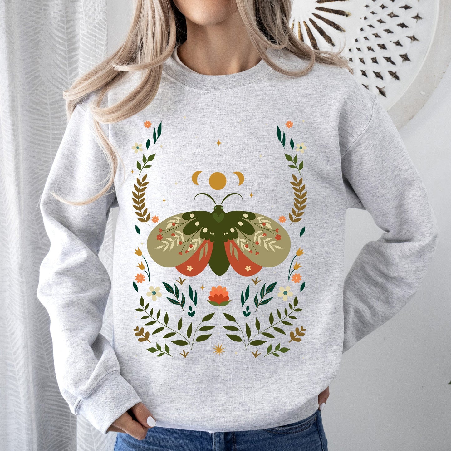 Midnight Garden Dance, Moth, Moon, and Floral Print Sweatshirt