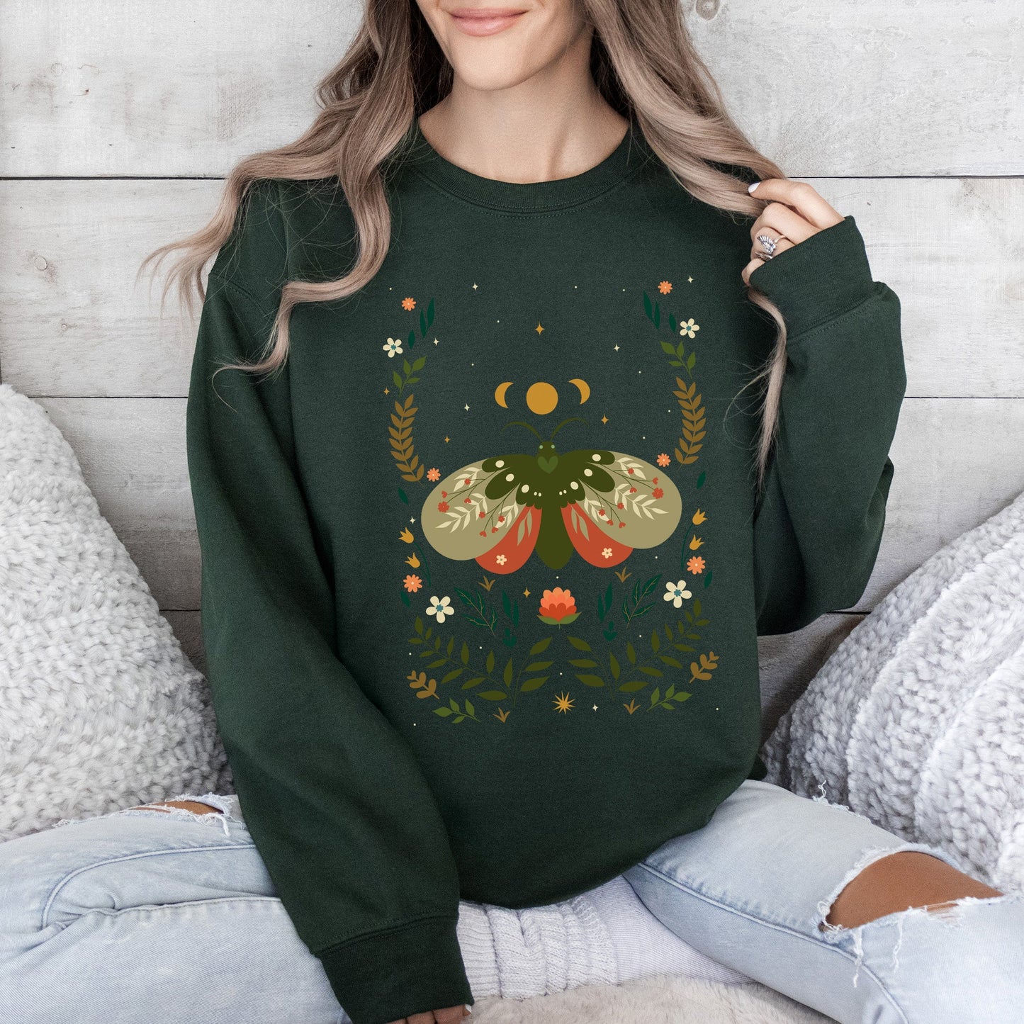 Midnight Garden Dance, Moth, Moon, and Floral Print Sweatshirt