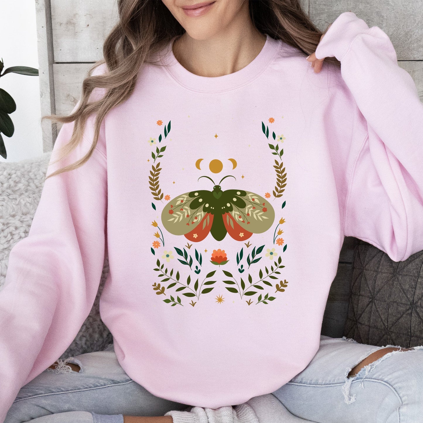 Midnight Garden Dance, Moth, Moon, and Floral Print Sweatshirt