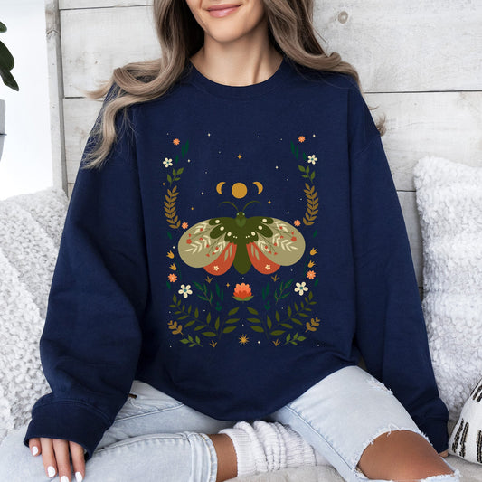 Midnight Garden Dance, Moth, Moon, and Floral Print Sweatshirt