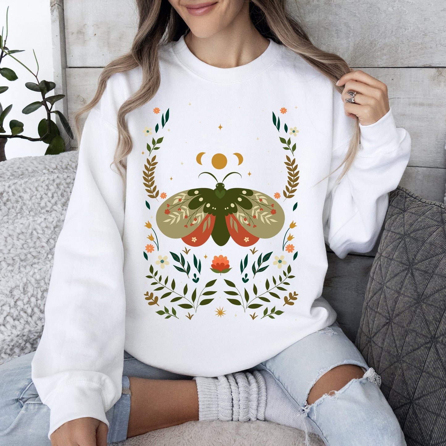 Midnight Garden Dance, Moth, Moon, and Floral Print Sweatshirt