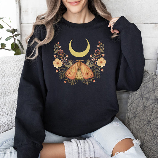 Mystical Moth and Moon, Enchanted Floral Night Sky Sweatshirt