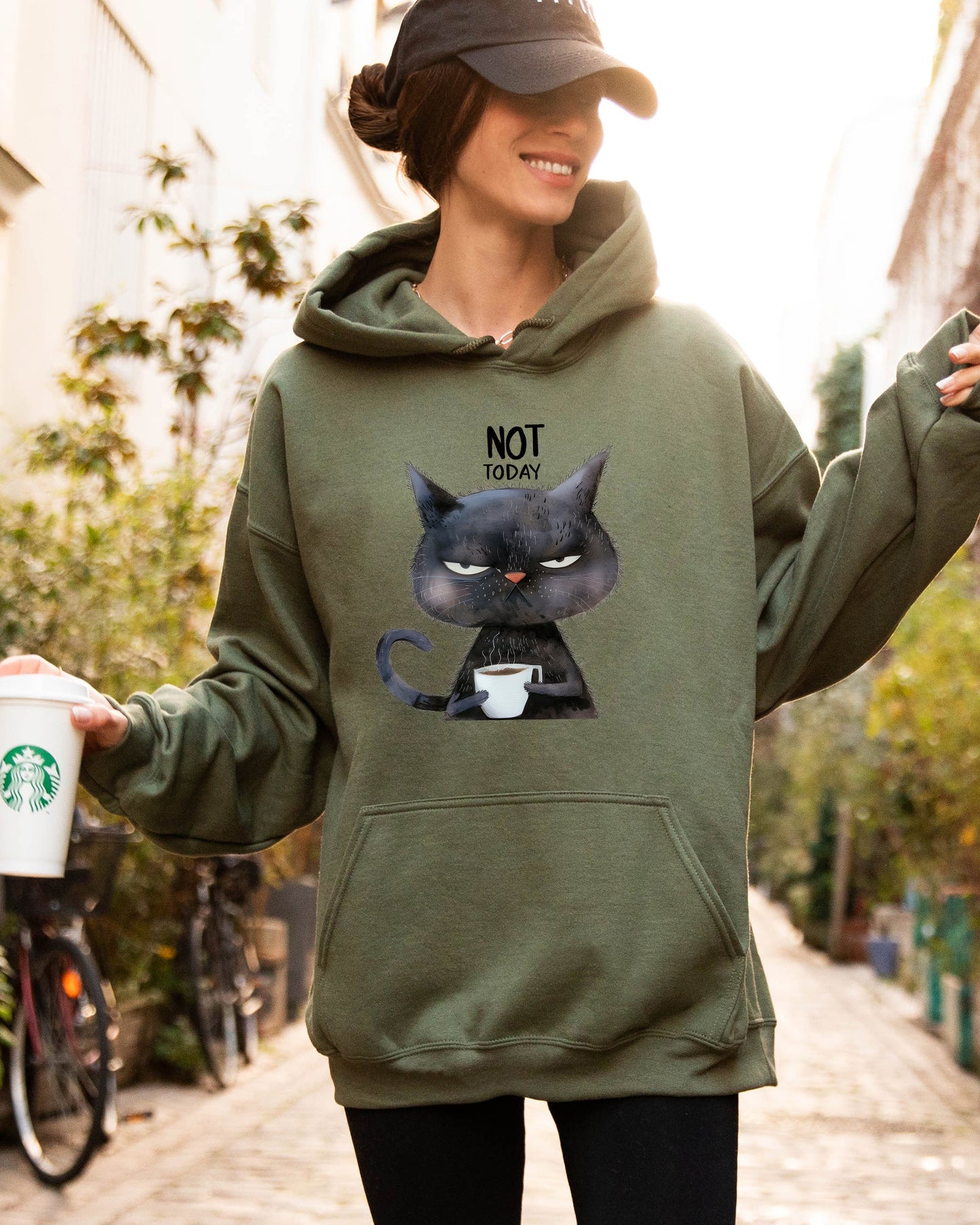 Not Today, Cat, Grumpy, Coffee, Funny, Meme Hooded Sweatshirt