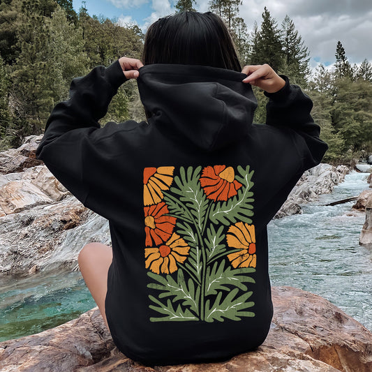 Retro Daisy Design, Greens, Orange, Vintage, Floral, Flower Hoodie