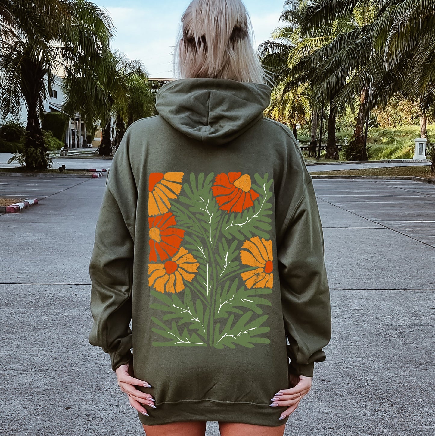 Retro Daisy Design, Greens, Orange, Vintage, Floral, Flower Hoodie
