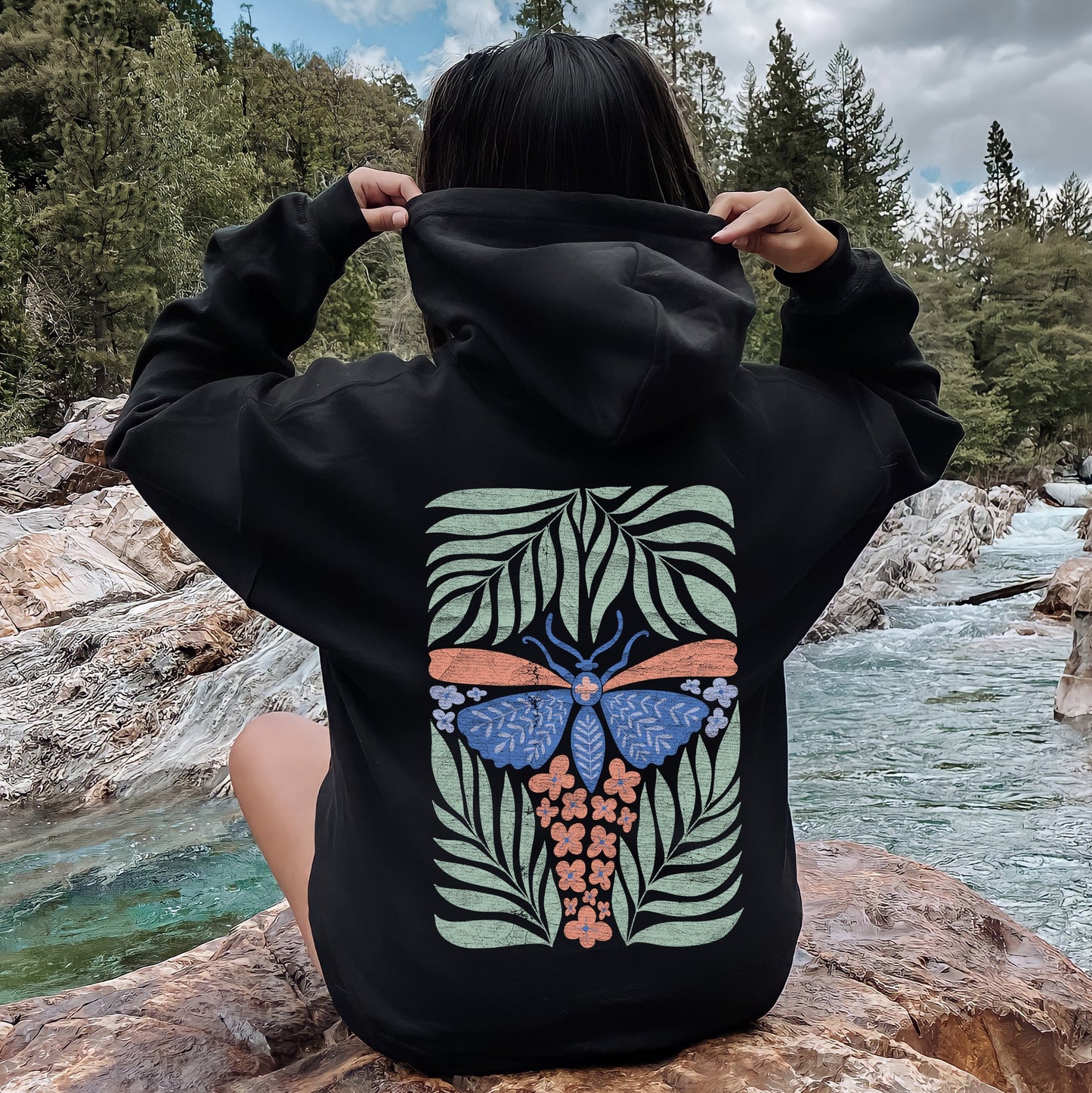 Tropical Butterfly and Palm Design, Boho Print Hoodie