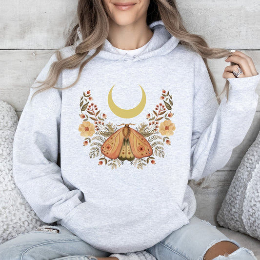 Mystical Moth and Moon, Enchanted Floral Night Sky Hoodie