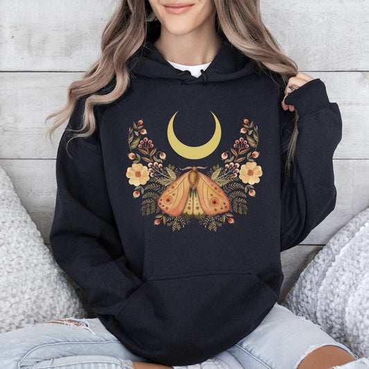 Mystical Moth and Moon, Enchanted Floral Night Sky Hoodie