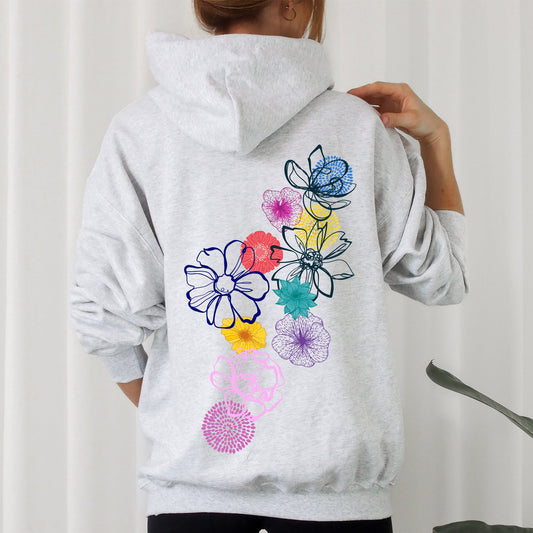 Floral Outlines, Leaves, Flowers, Colorful Hoodie