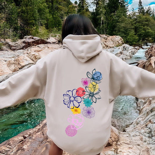 Floral Outlines, Leaves, Flowers, Colorful Hoodie