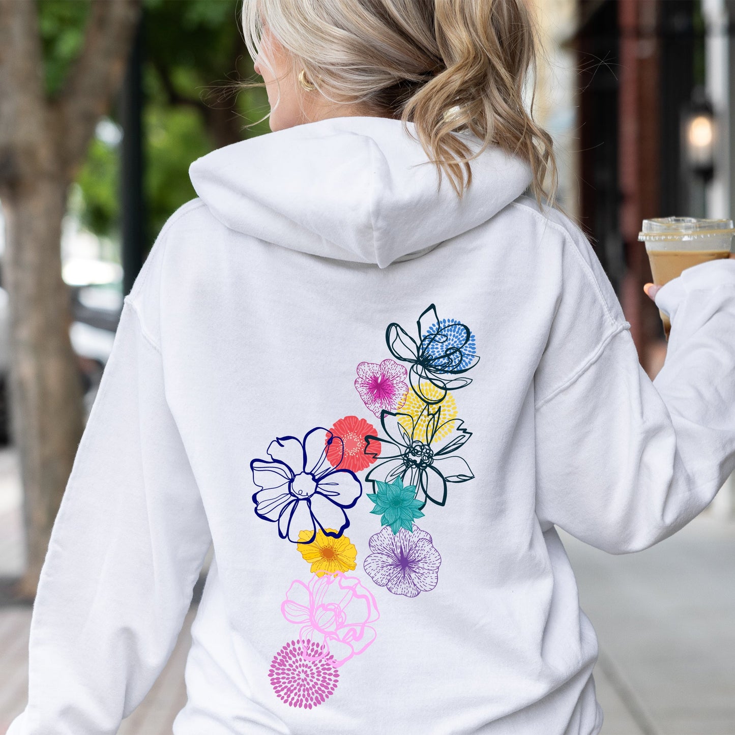 Floral Outlines, Leaves, Flowers, Colorful Hoodie