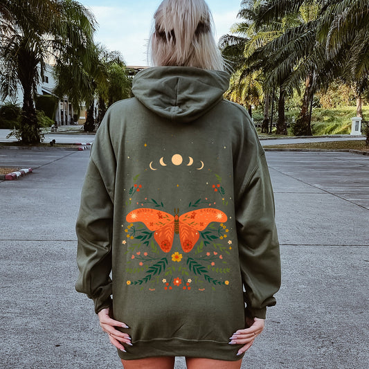 Celestial Garden Tale, Moth, Moon, and Flowers Hoodie
